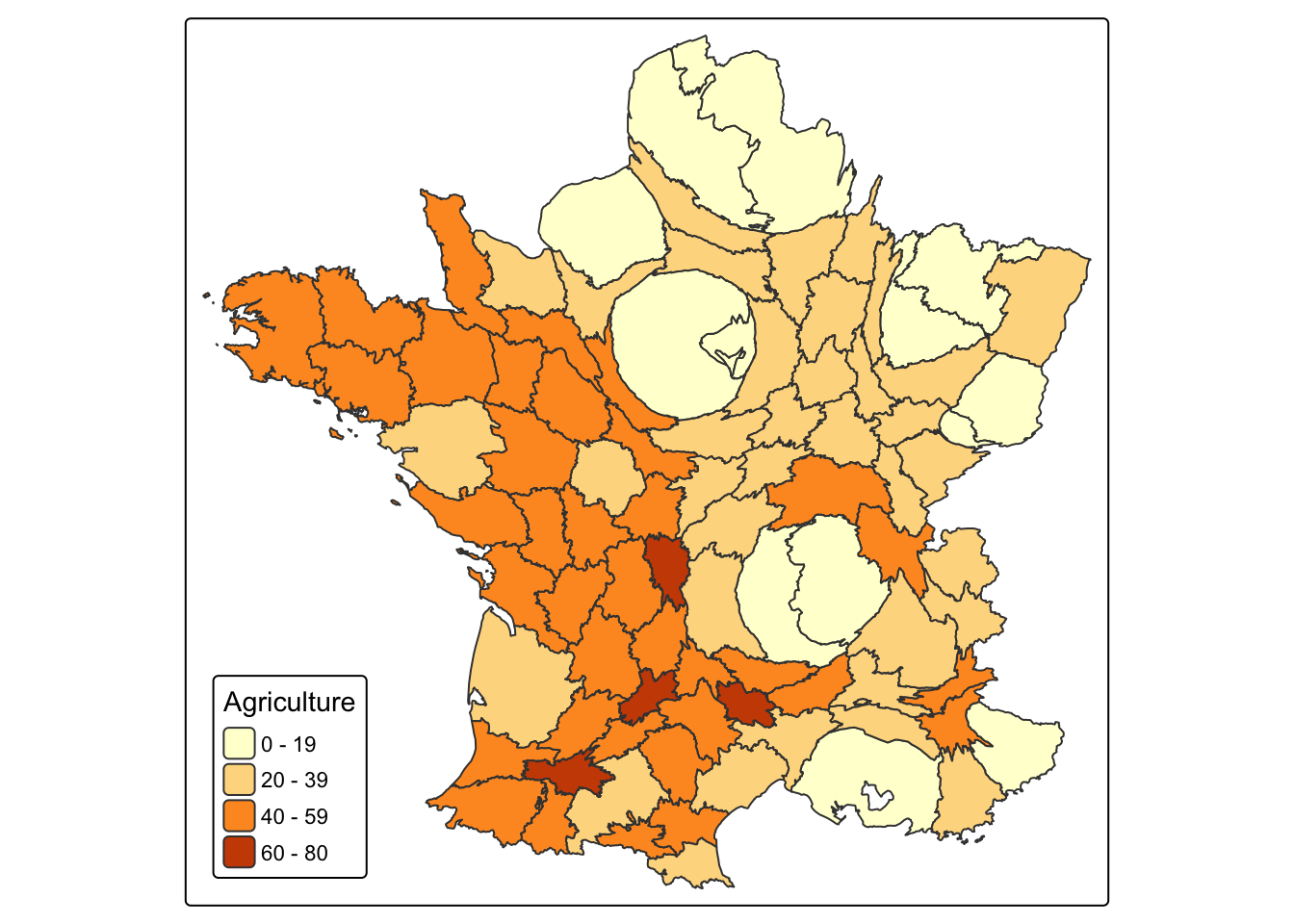 Cartogram of working population size shaded by the percentage of agricultural workers in France in 1954