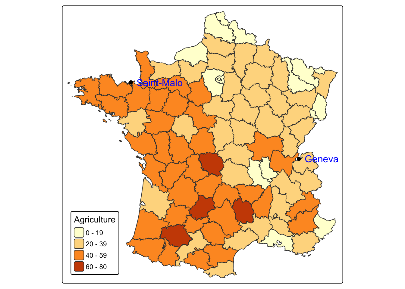 Choropleth map of percentage of agricultural workers in France in 1954