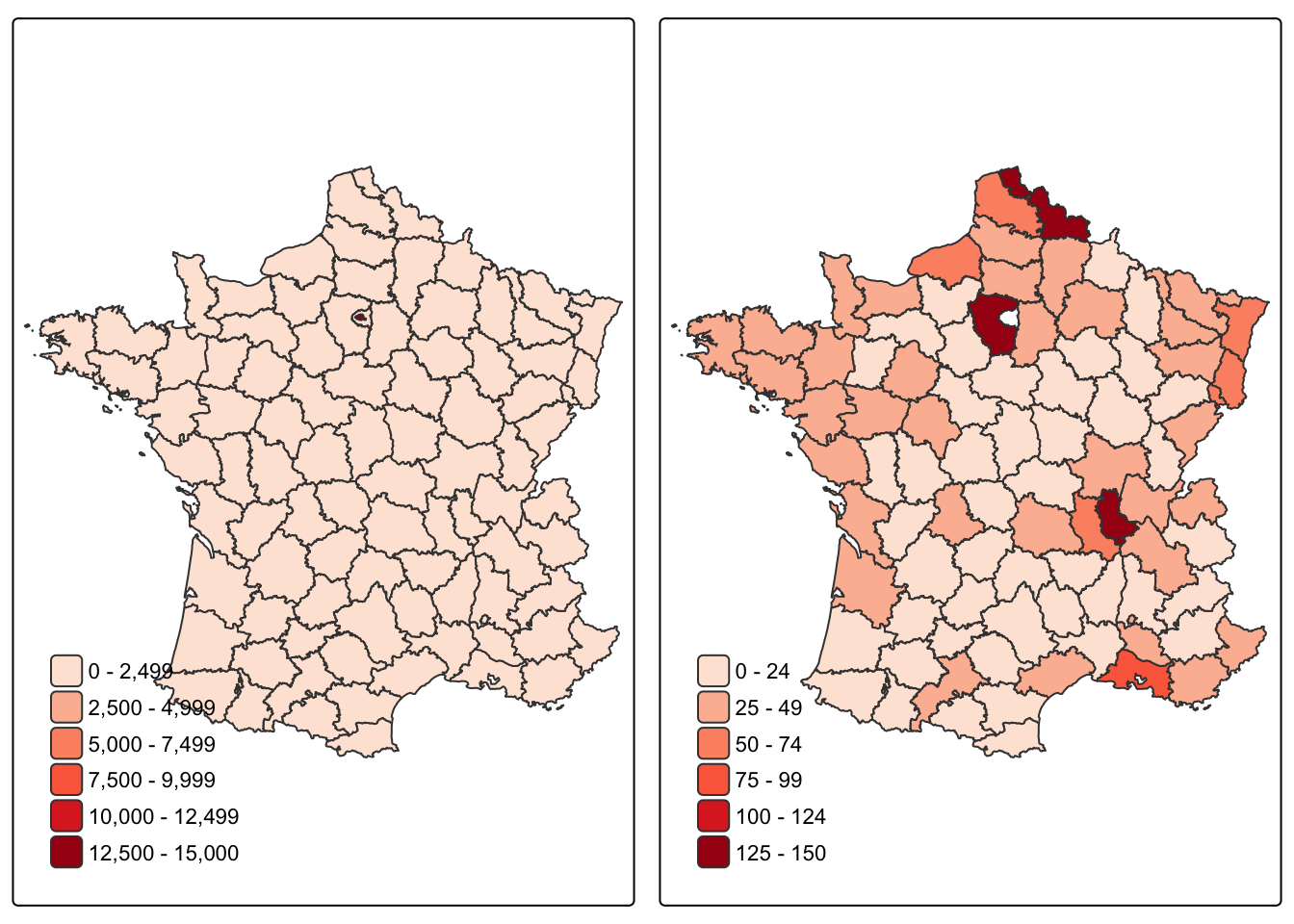 Maps of the density of the total working population in thousands per square kilometre in France in 1954, all departments (left), excluding Seine and Paris (right)
