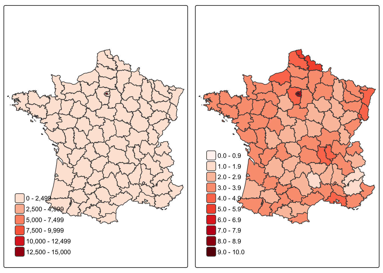 Maps of the log of population density of the total working population in thousands per square kilometre in France in 1954, default scale (left), more detailed scale (right)