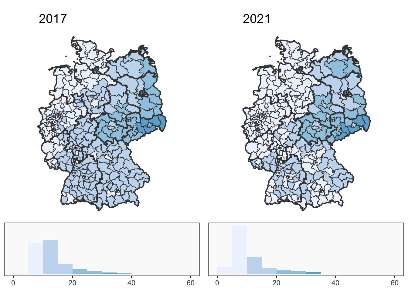 Percentage AfD support across the constituencies in 2017 (left) and 2021 (right).    Bundesland borders are drawn in thick black.  The colour scale goes from 0 to 60 in intervals of 10, as shown in the histograms below.