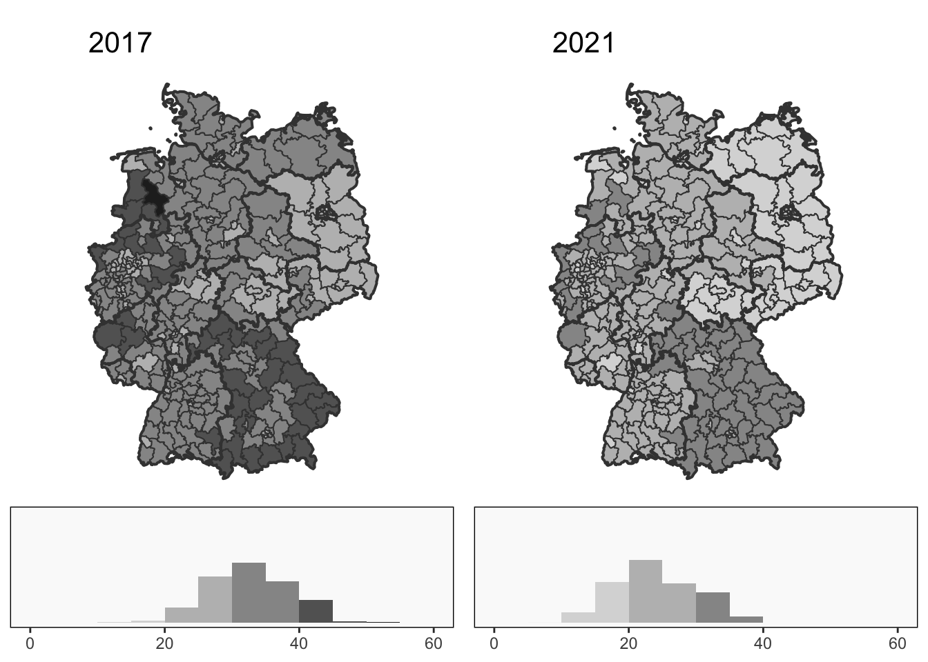 Percentage CDU and CSU support across the constituencies in 2017 (left) and 2021 (right).  The colour scale goes from 0 to 60 in intervals of 10.  Bundesland borders are drawn in thick black.