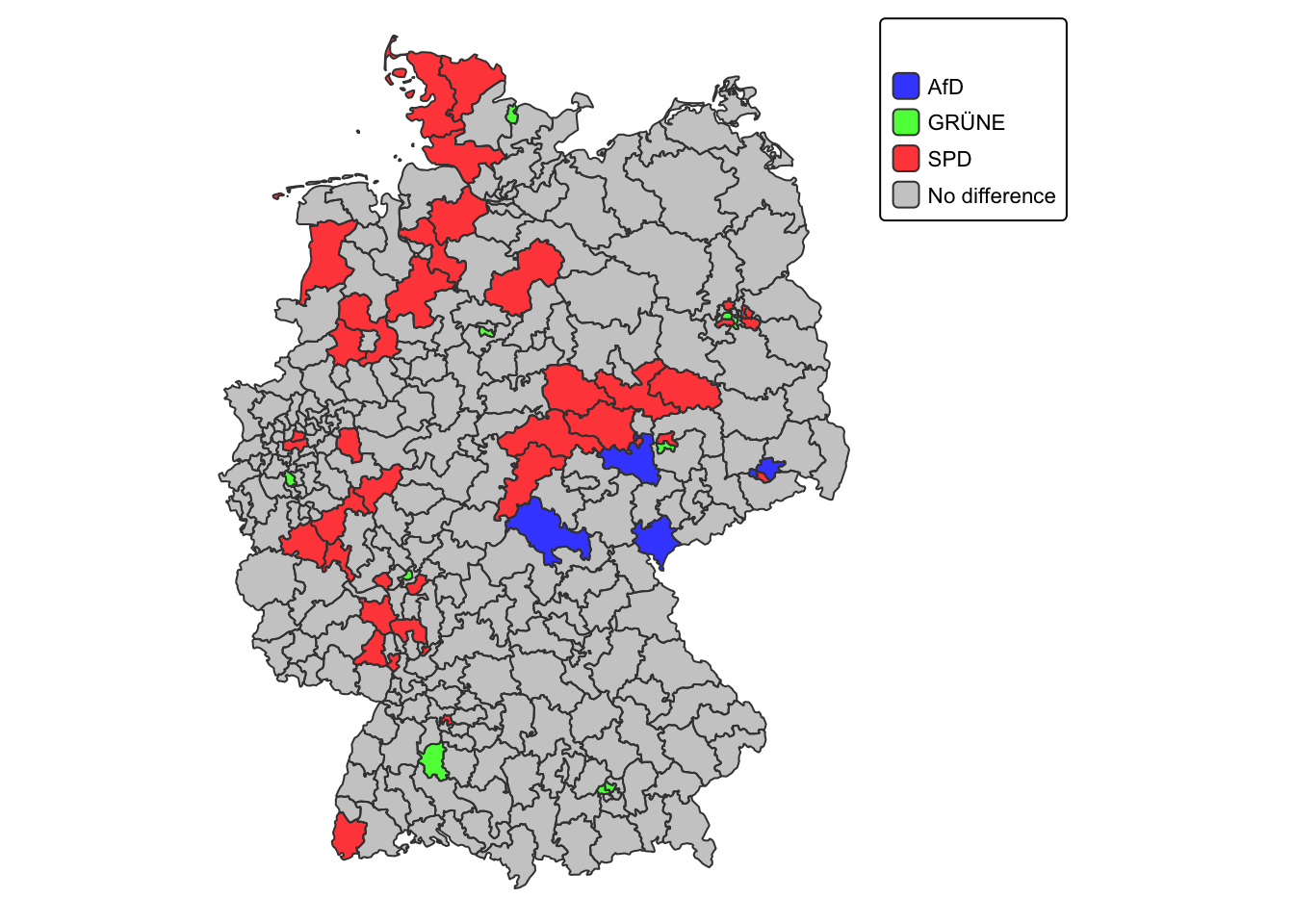 Consituencies where the party that got the most Zweitstimmen did not get the most Erststimmen, coloured by the party with the most Zweitstimmen