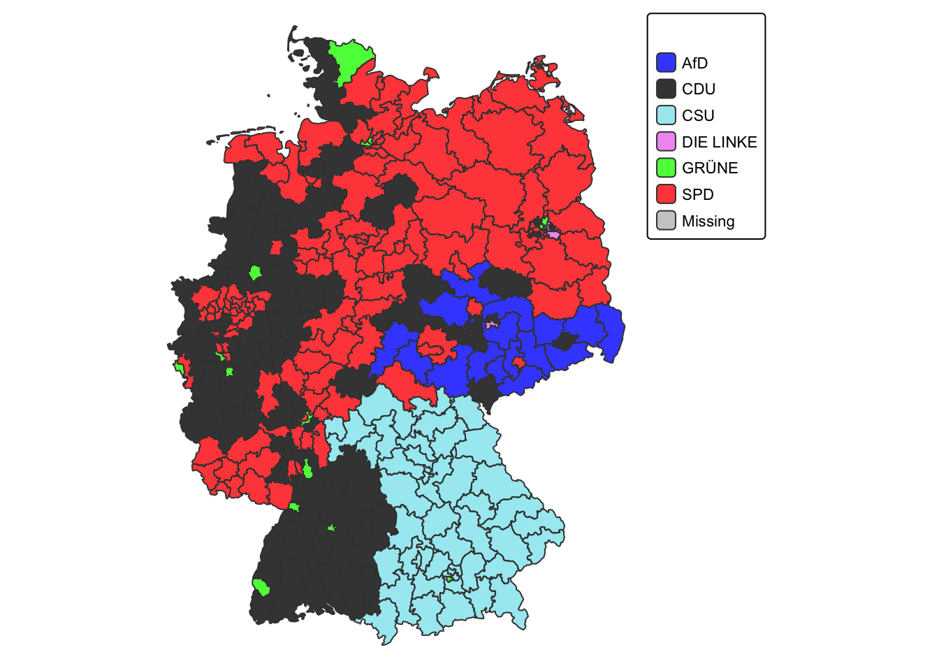 Winners of Erststimmen seats by political party in Germany 2021