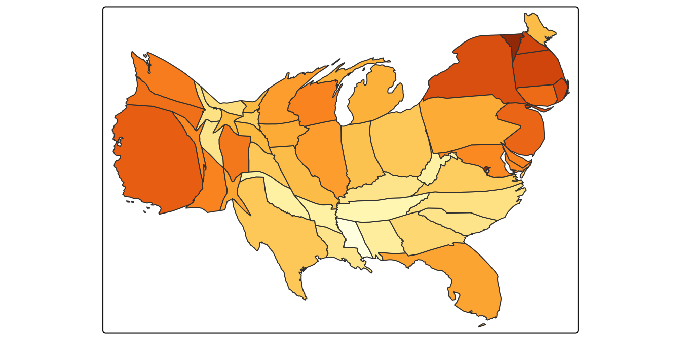 Support for same-sex marriage at state level using a population cartogram